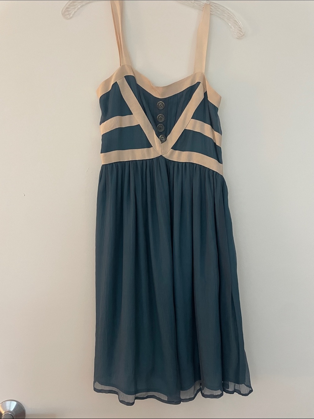 Anthropologie burlapp Teal Satin Dress with Cream Trim
